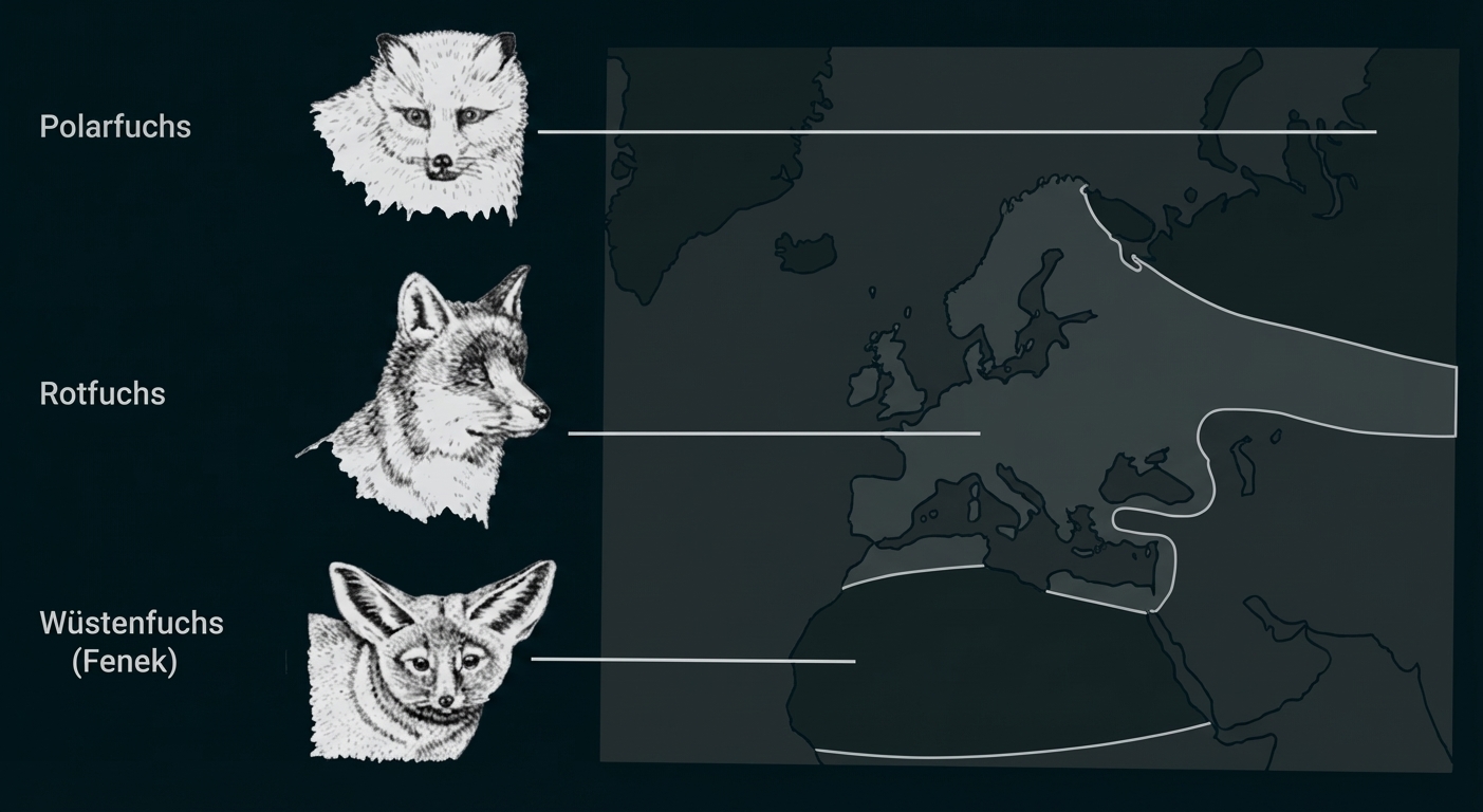 Polarfuchs, Rotfuchs und Wüstenfuchs neben einer Karte mit markierten Verbreitungsgebieten in Europa und Nordafrika.